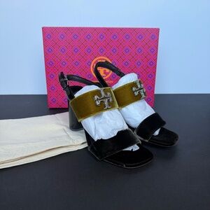 New! Tory Burch Black and Gold Velvet Heels with Crystal Logo - Size 6